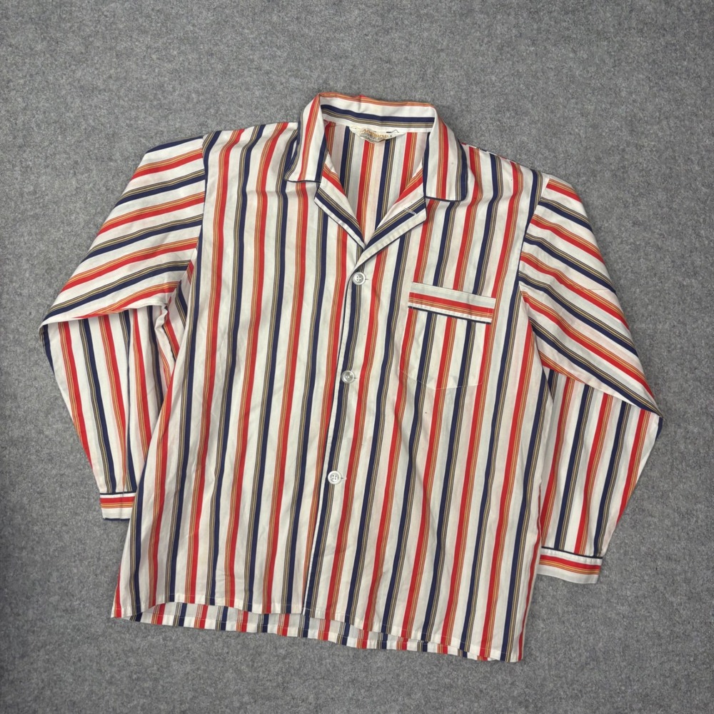 Vintage Andhurst Mens Pajama Top Red Navy Gold Striped Button Up Size L RN31104